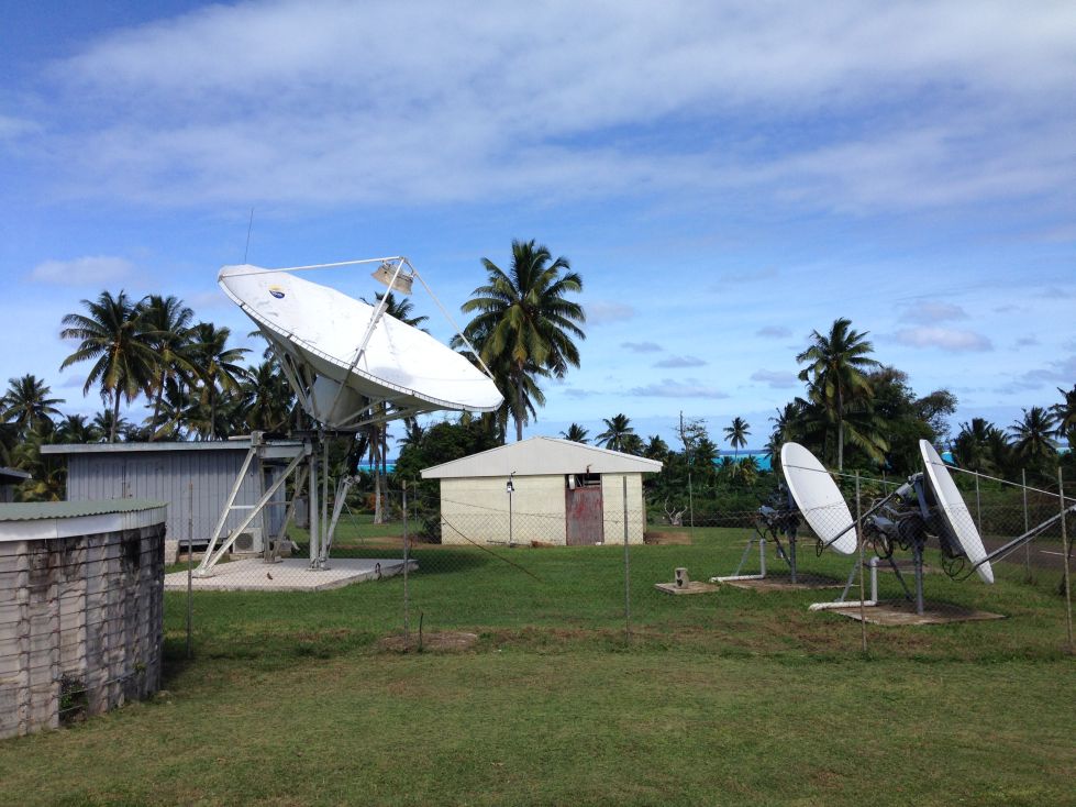 The Aitutaki satellite ground station. The big dish at the back is the old geostationary link, the two smaller dishes at the front track the O3b MEO satellites for the new link.